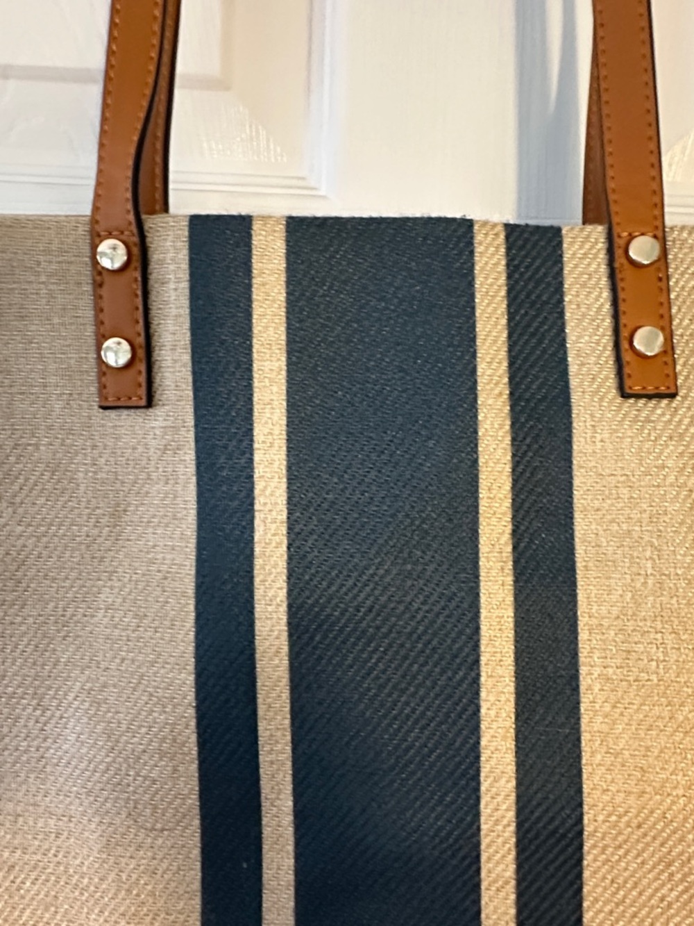 Canvas Tote Bag with Dark Blue Stripe and Brown Leather Handles - Picture 7 of 8